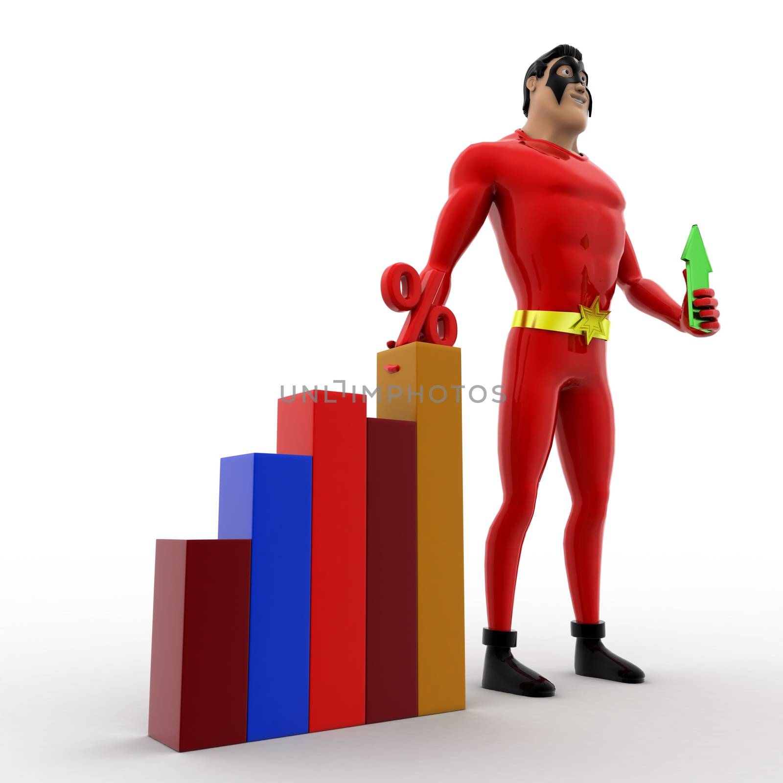 3d superhero holding up arrow and with percentage bar graph concept by touchmenithin@gmail.com