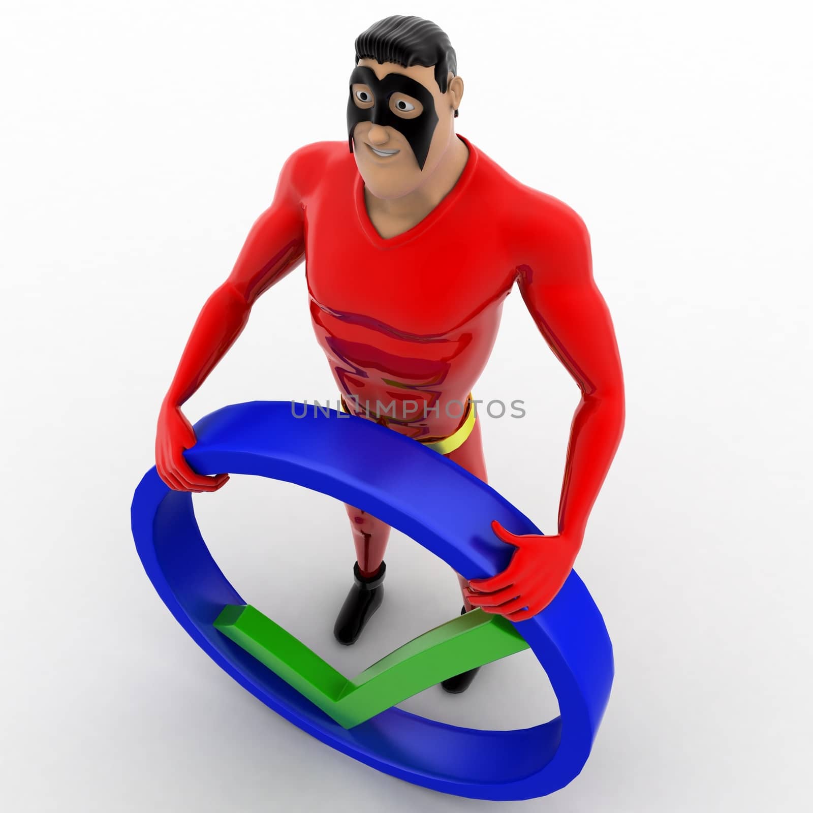 3d superhero with right symbol concept on white background,  top angle view