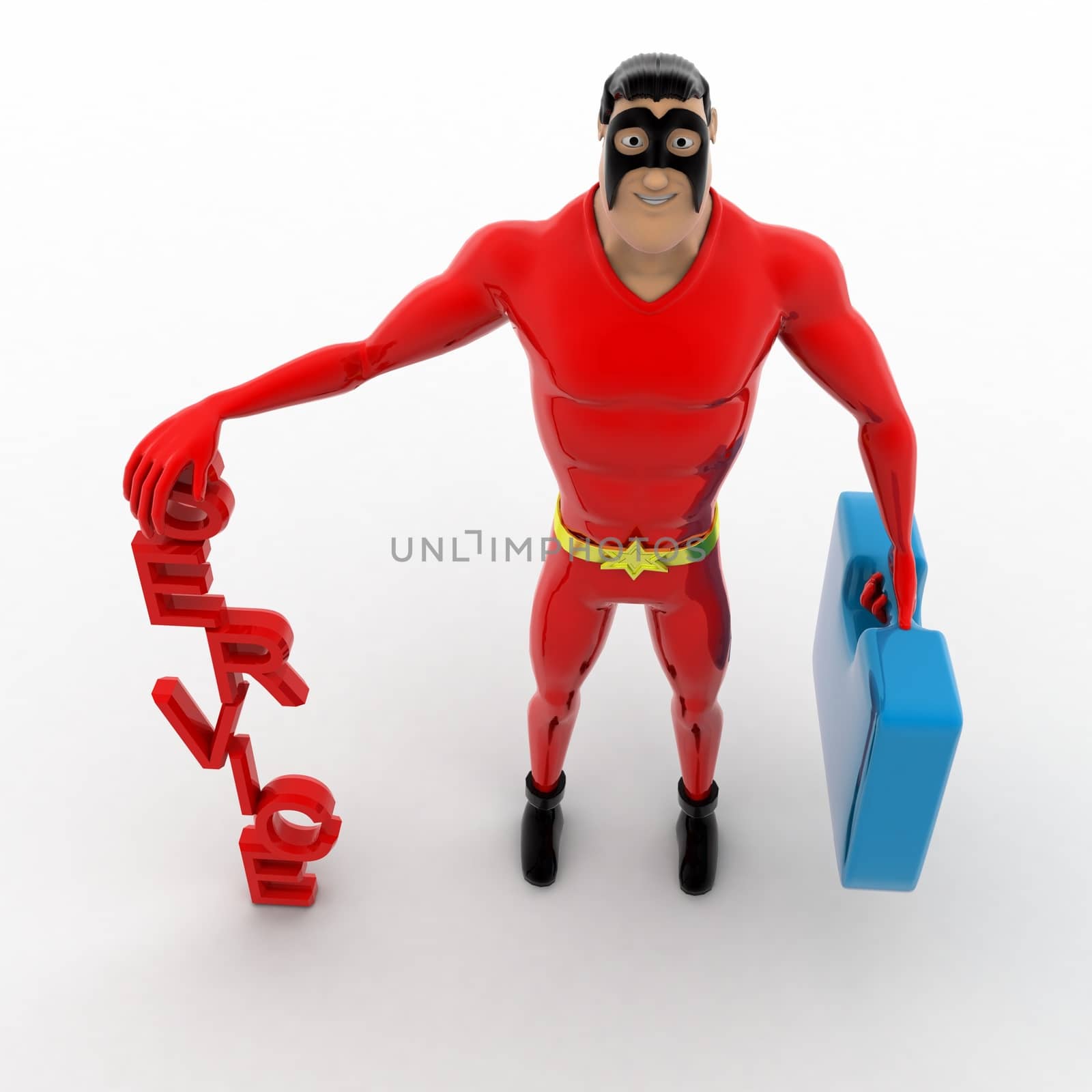 3d superhero ready for service with bag concept on white background, top angle view