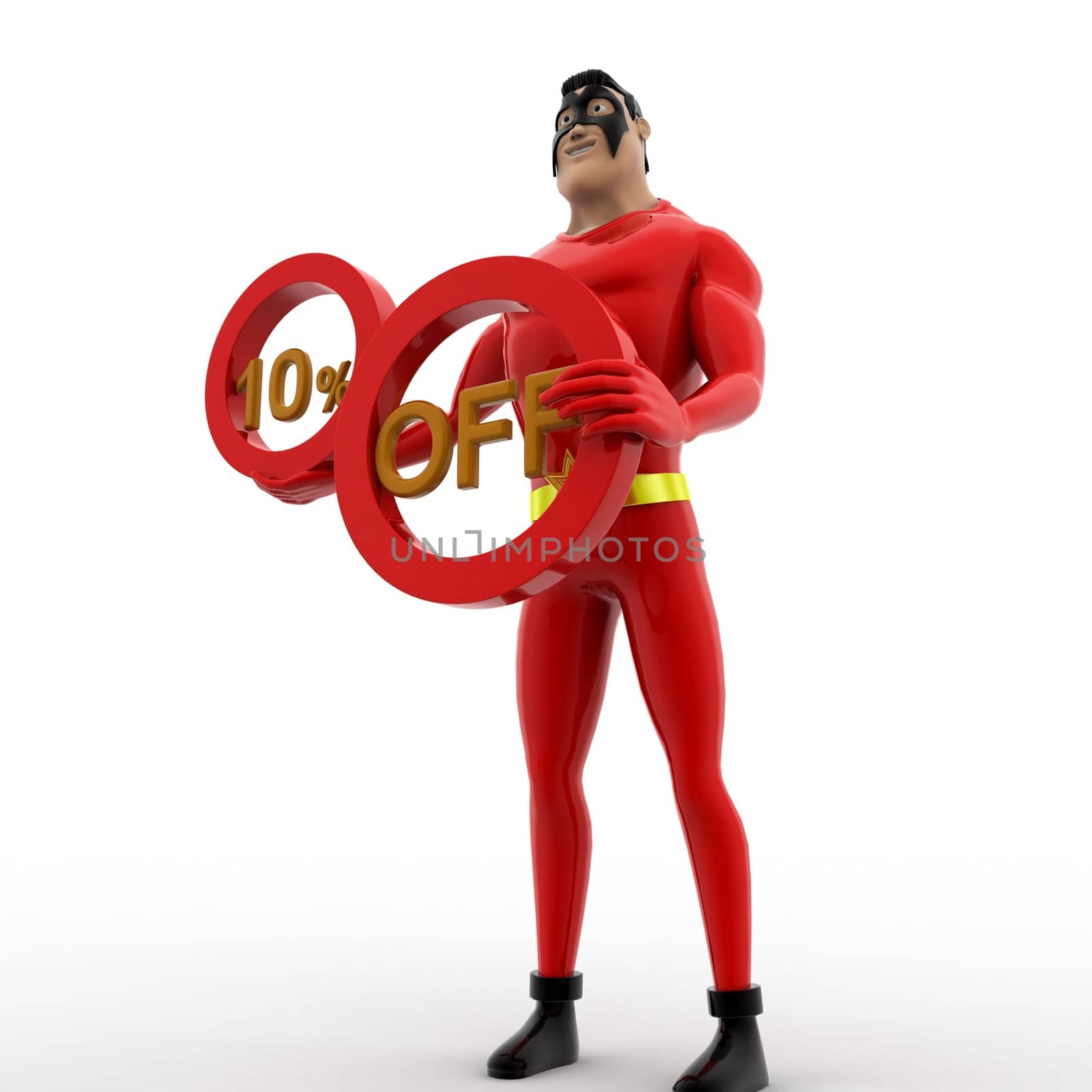 3d superhero 10% off concept on white background,  side angle view