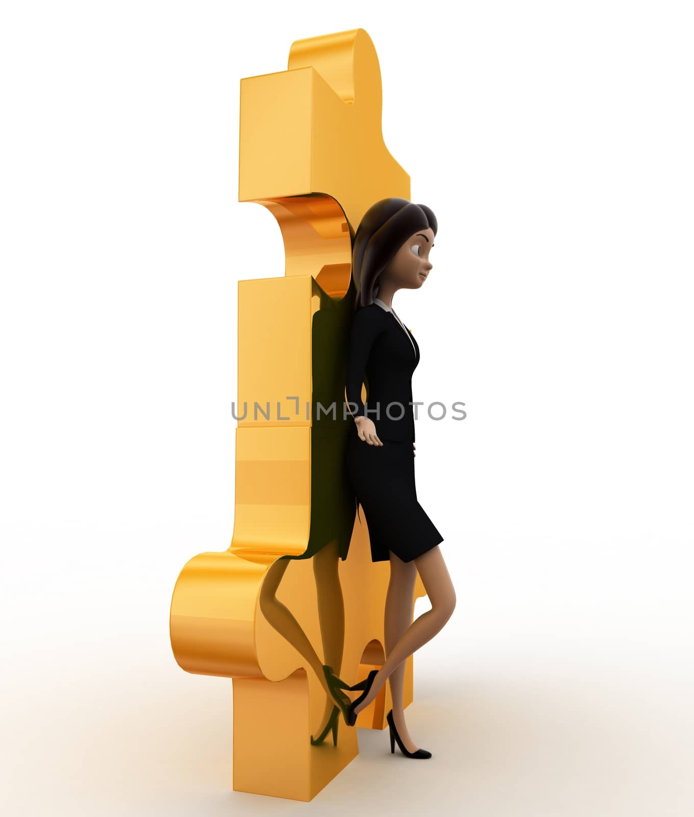 3d woman leaning on puzzle concept on white background,  side angle view