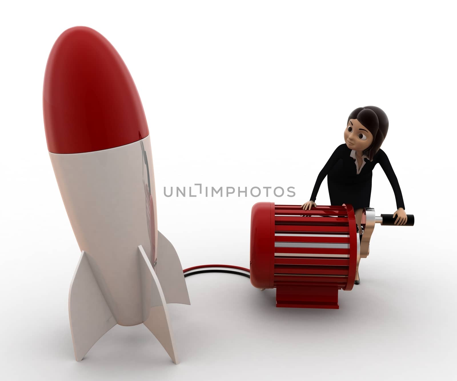 3d woman try to run rocket using generator concept by touchmenithin@gmail.com