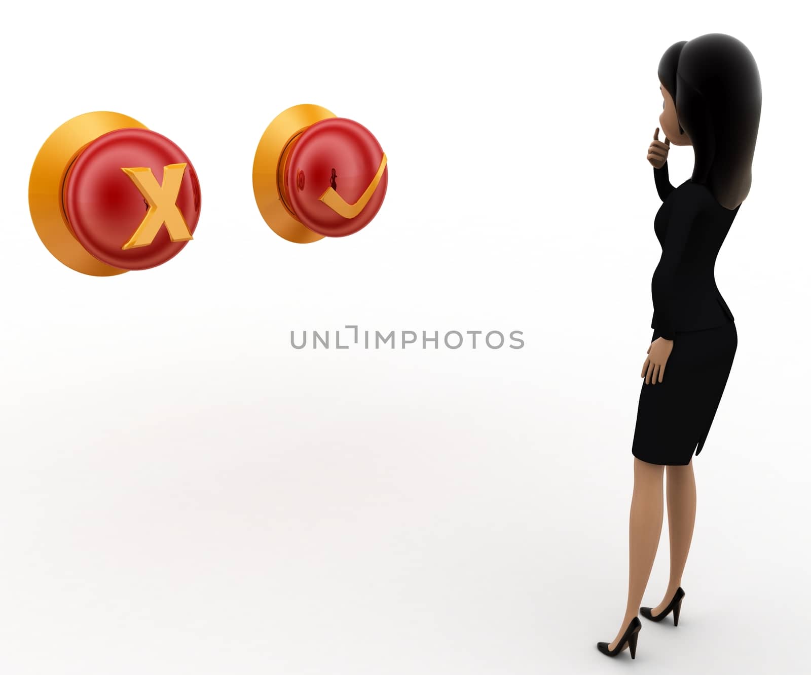 3d woman with right and wrong button concept by touchmenithin@gmail.com