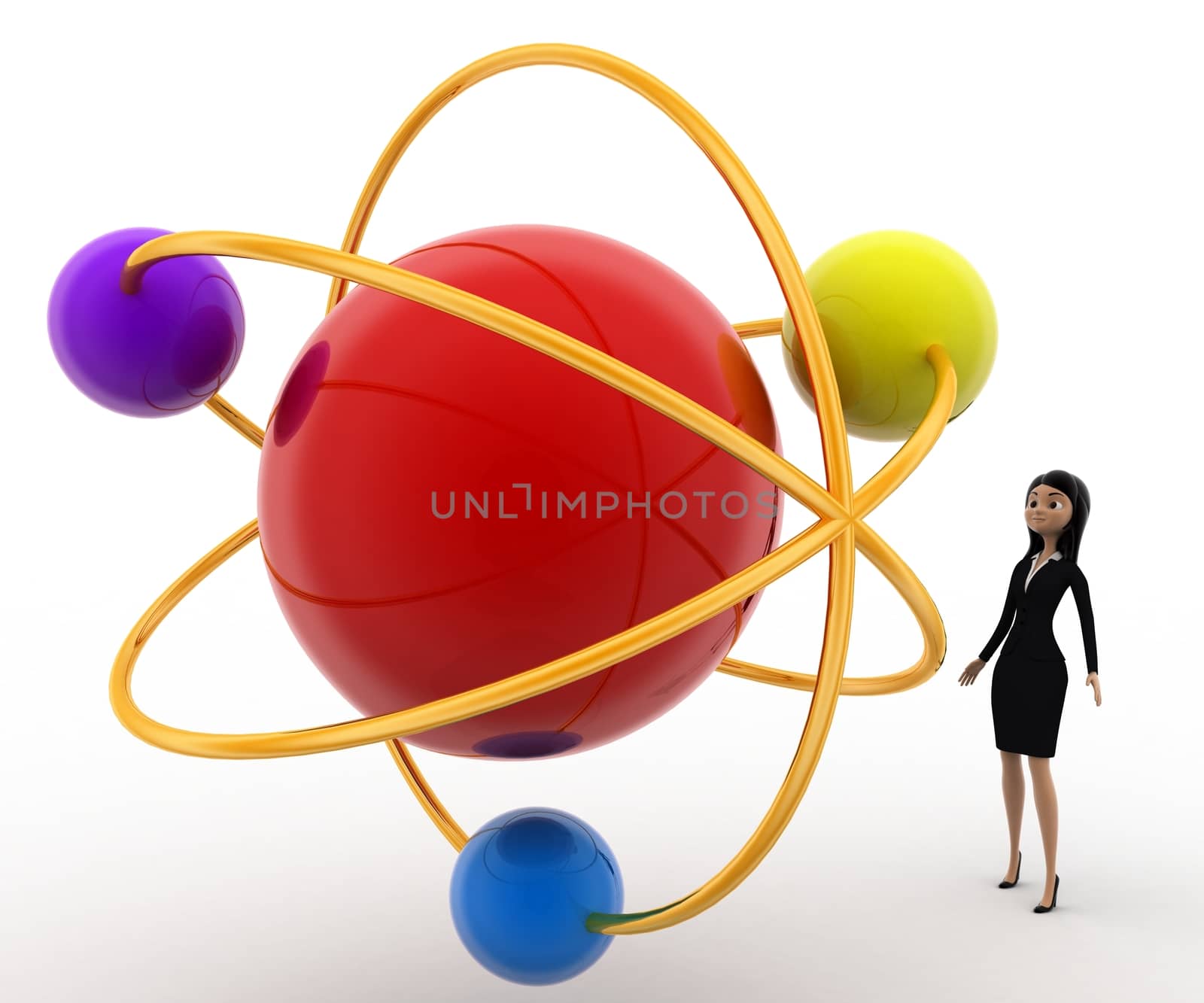 3d woman looking at molecular model concept on white background, front angle view