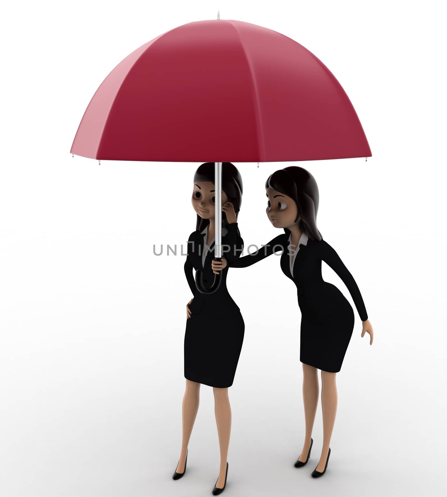3d woman with umbrella to give shadow to another woman concept on white background, side angle view