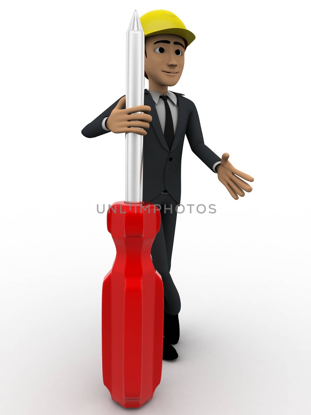 3d man repairman  with screw driver concept on white background,  side angle view