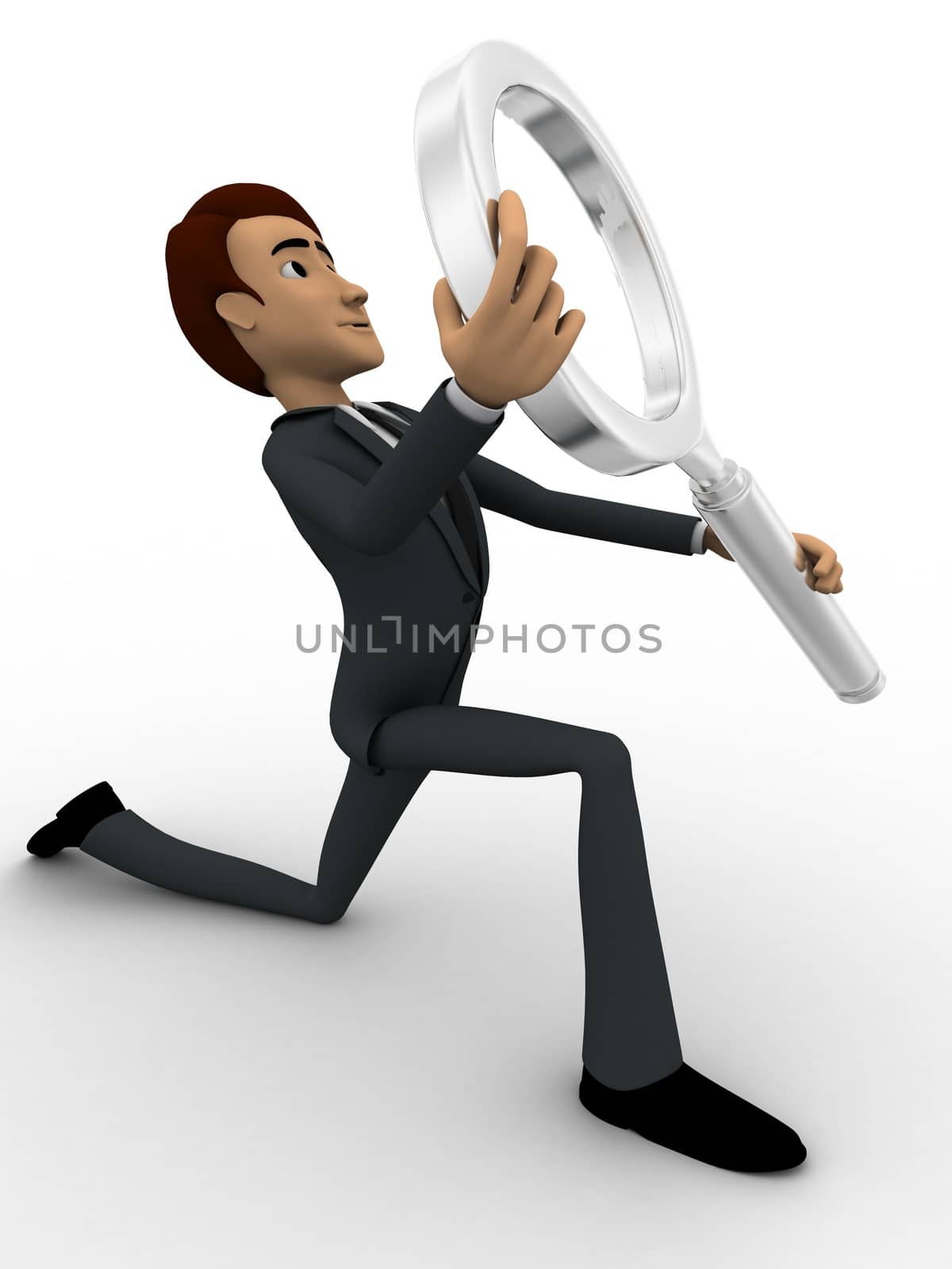 3d man looking through magnifying glass concept on white background, side angle view