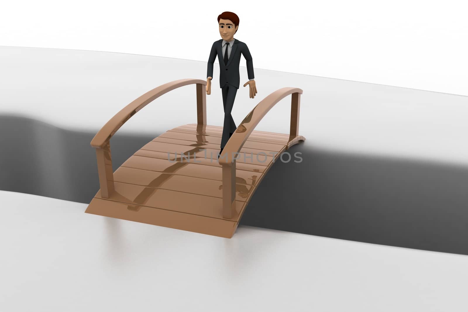 3d man crossing bridge concept on white background, front    angle view