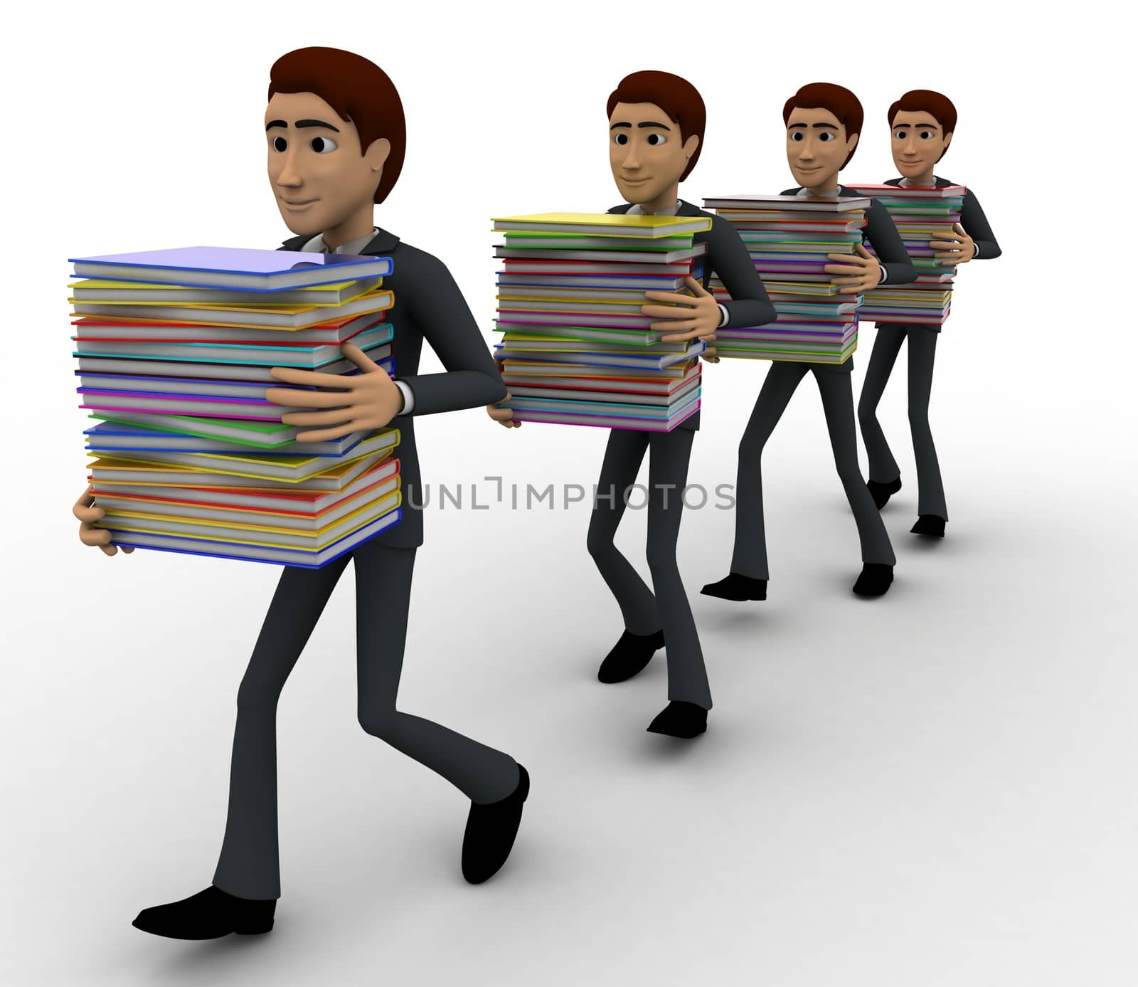 3d men taking files in queue concept on white background, front    angle view