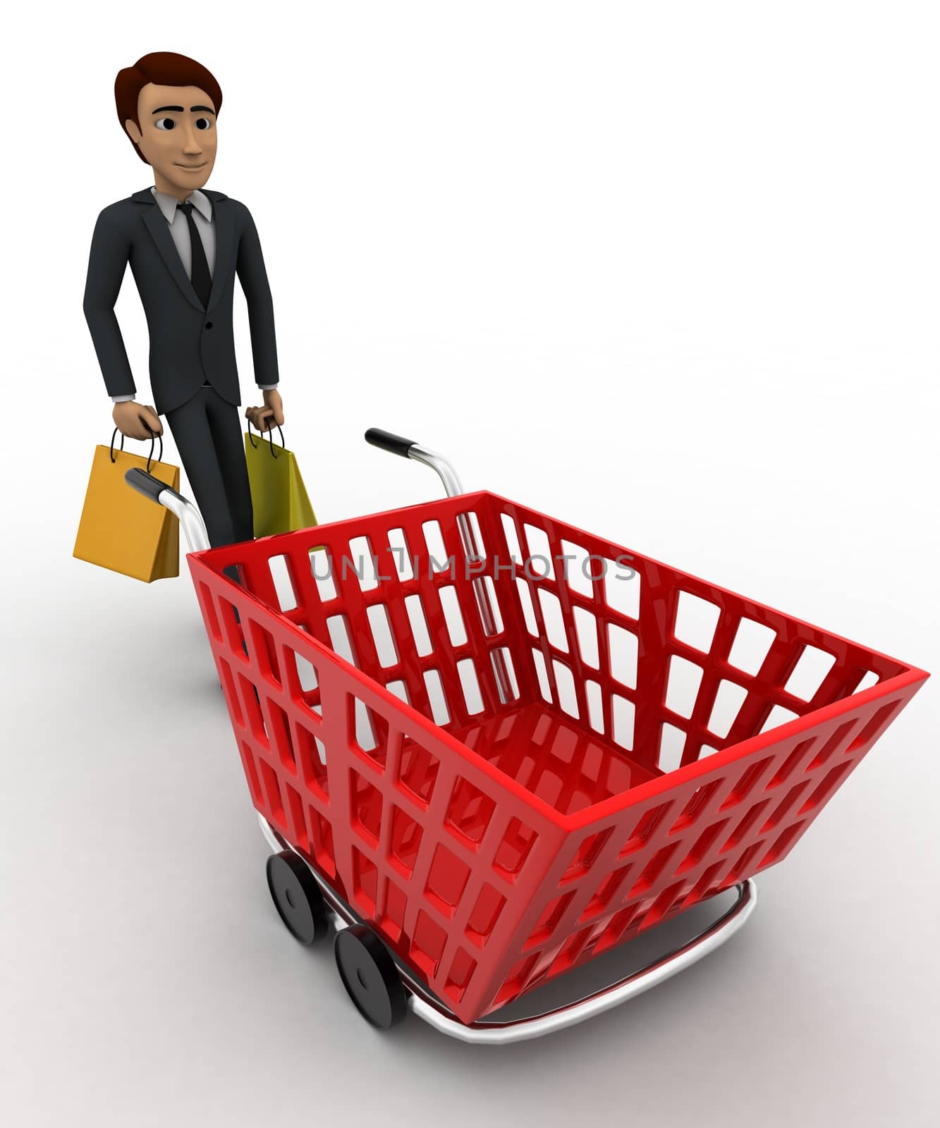 3d man with shopping cart concept on white background, side     angle view