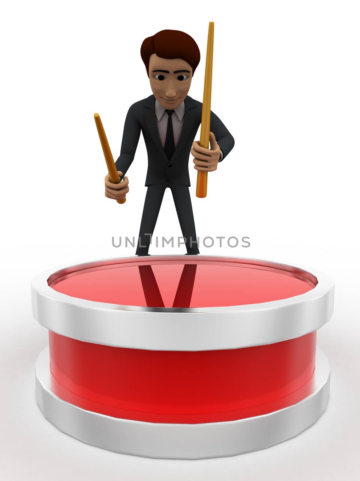 3d man play drum concept on white background, front    angle view
