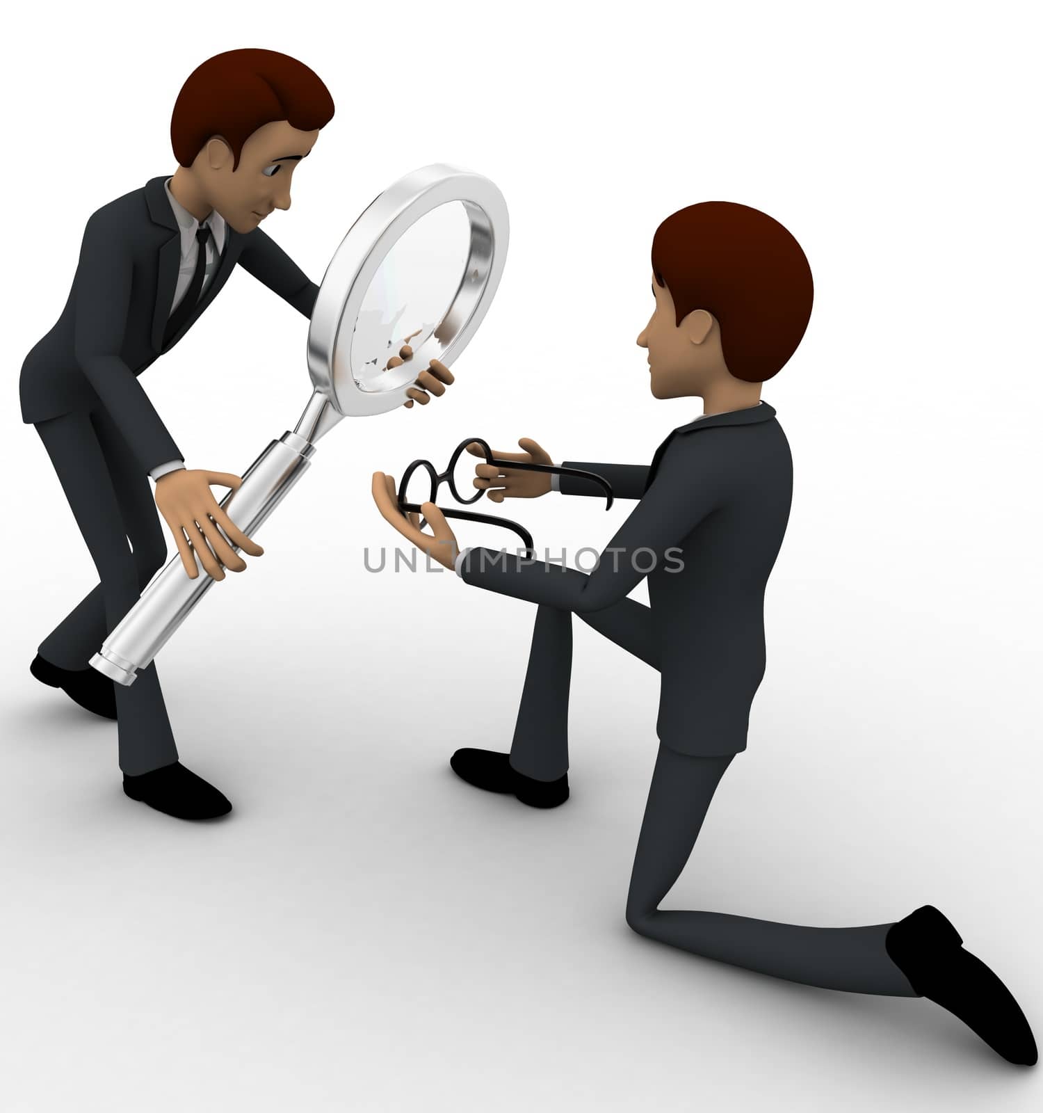 3d man examine spectacles using magnifying glass concept by touchmenithin@gmail.com