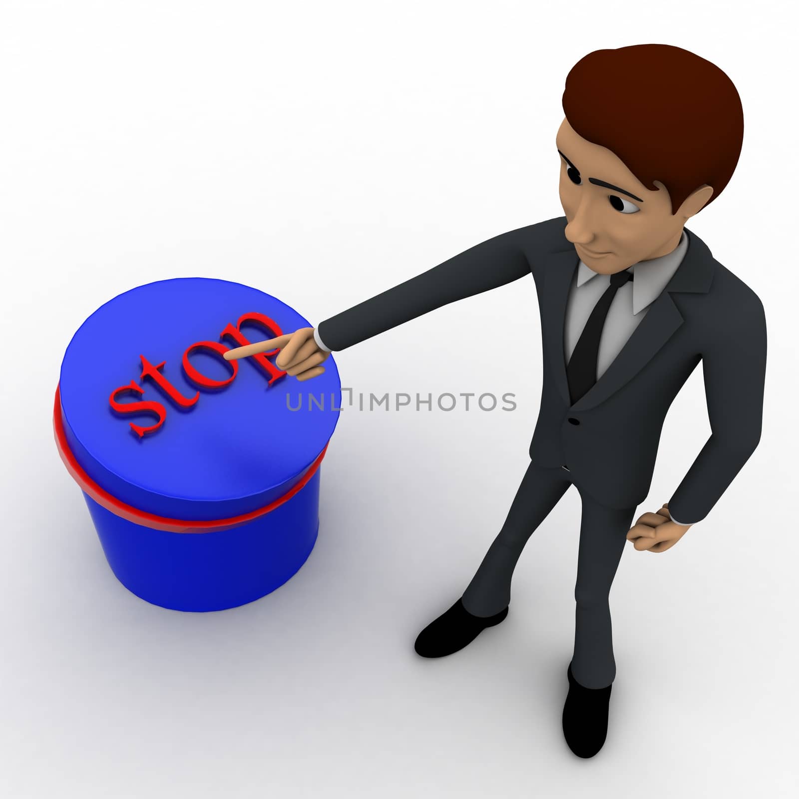 3d man pointing at stop button concept on white background,  top angle view