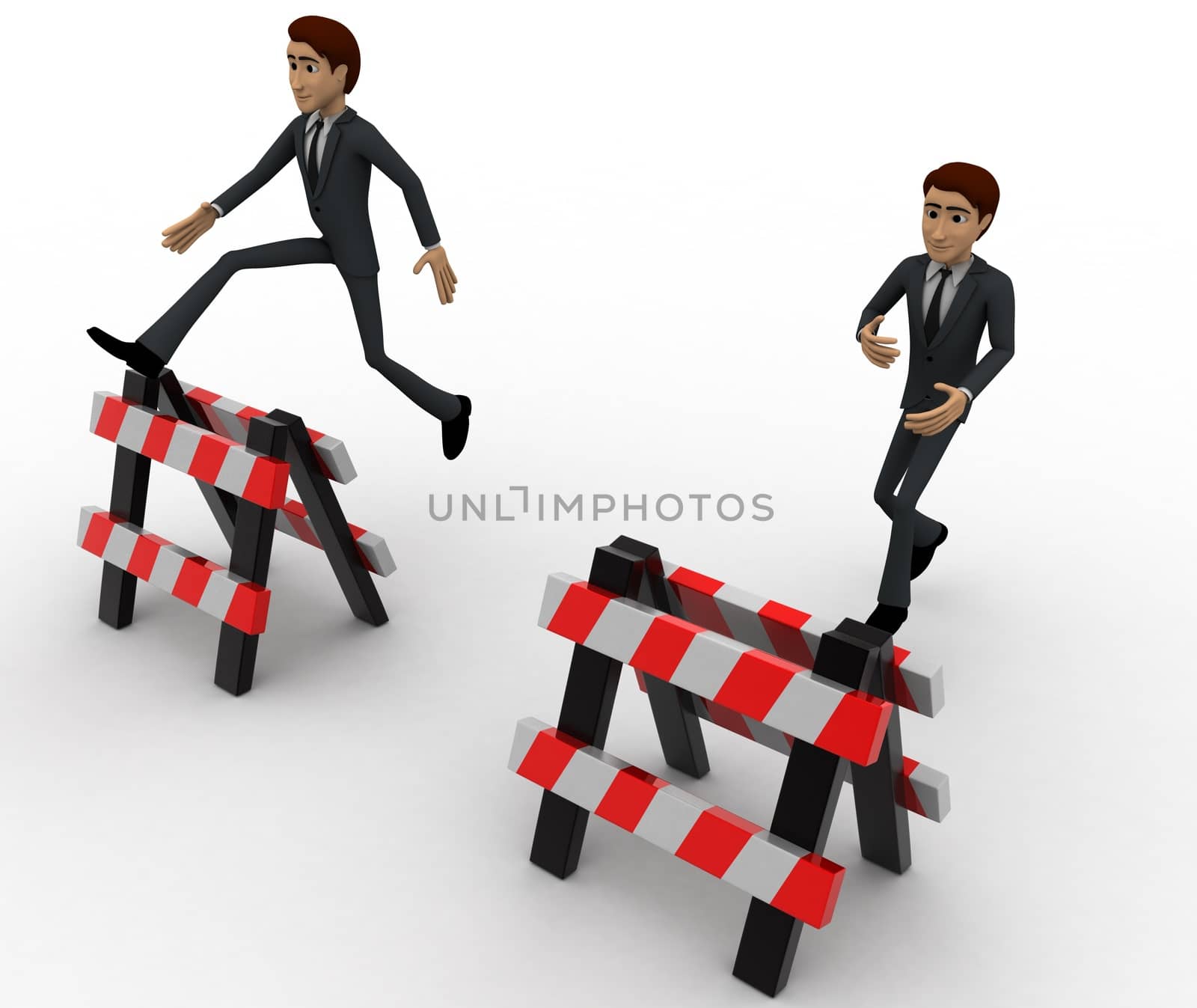 3d man jumping barrier concept on white background, top  angle view