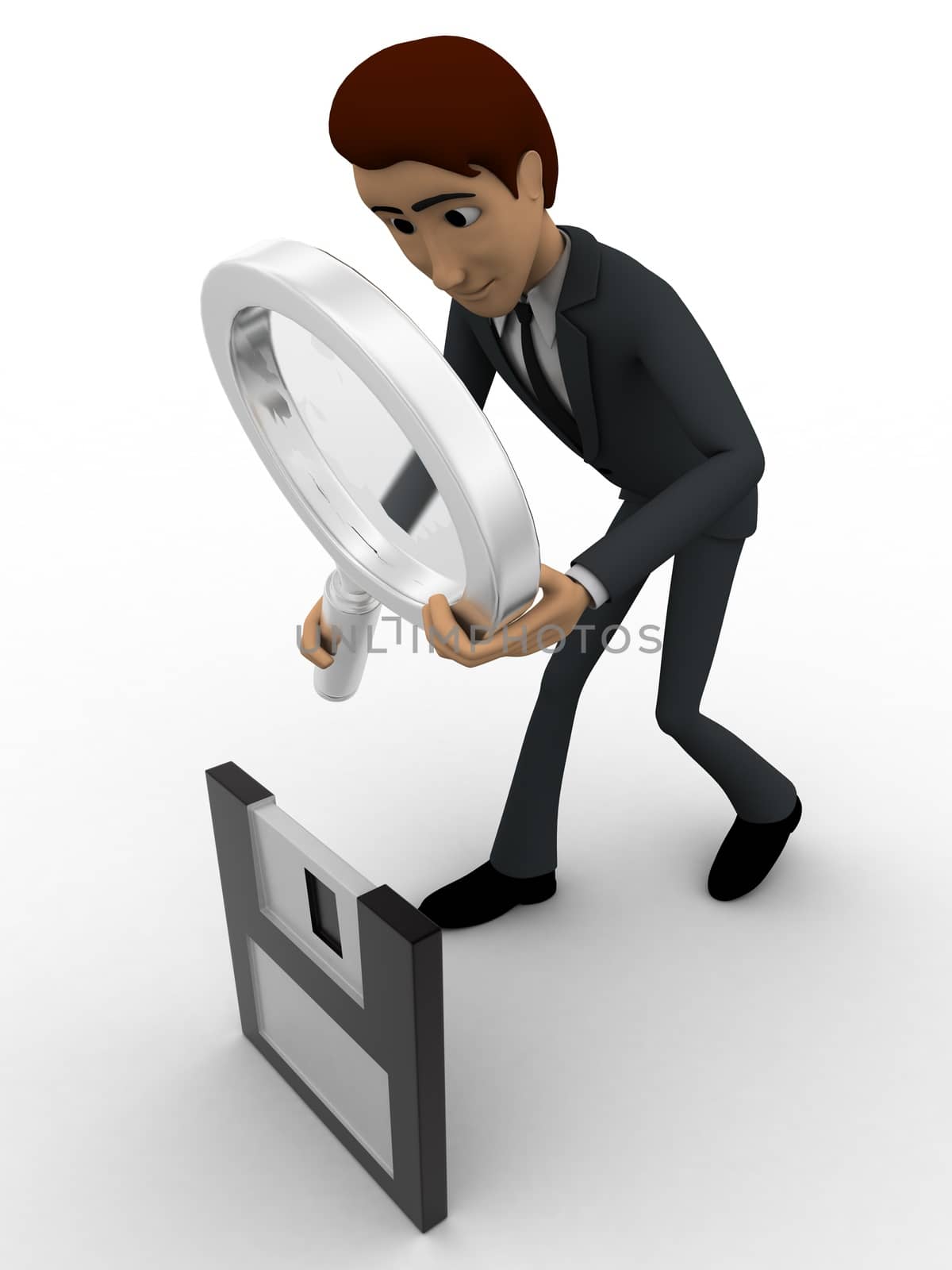 3d man download on flopdisk concept on white background,  top angle view 