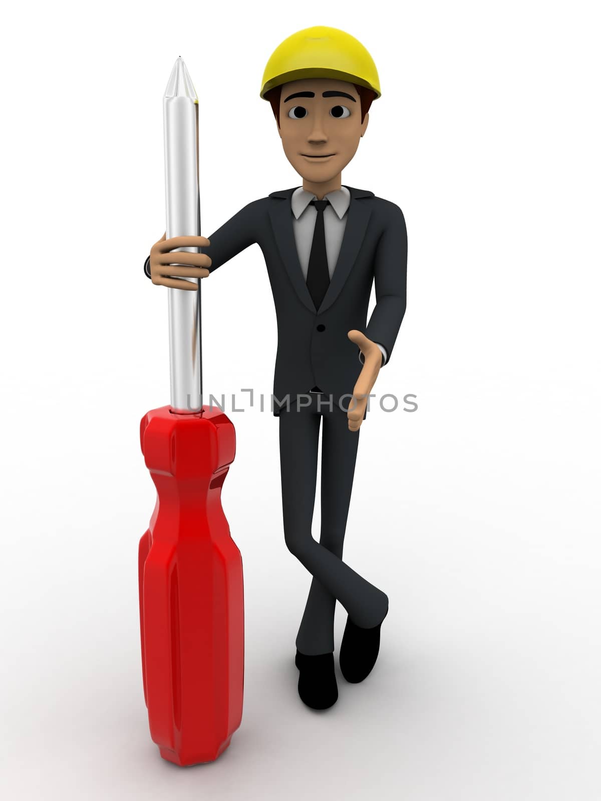 3d man repairman  with screw driver concept on white background, front    angle view