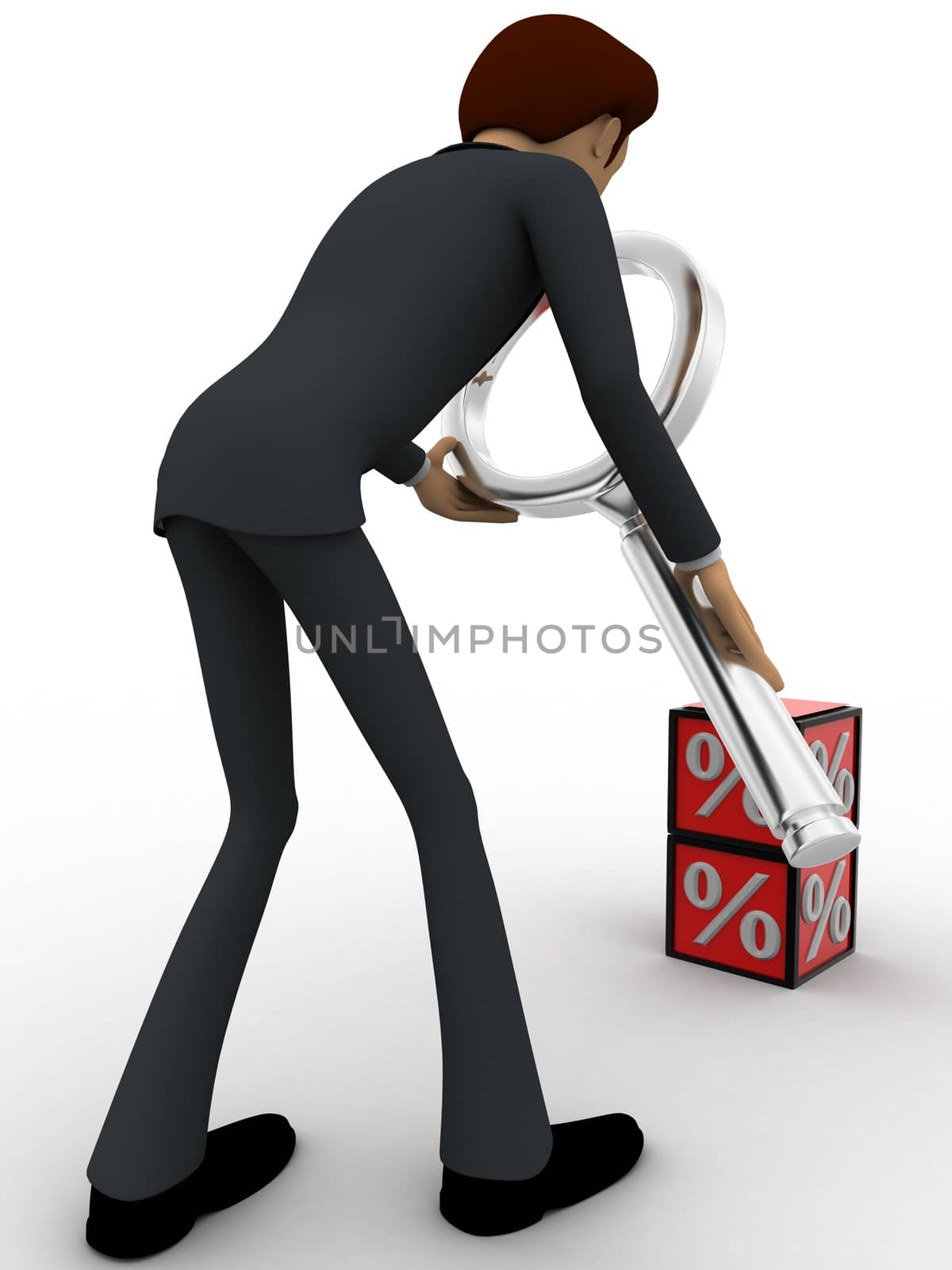 3d man examine red percentage cube magnifying glass concept by touchmenithin@gmail.com