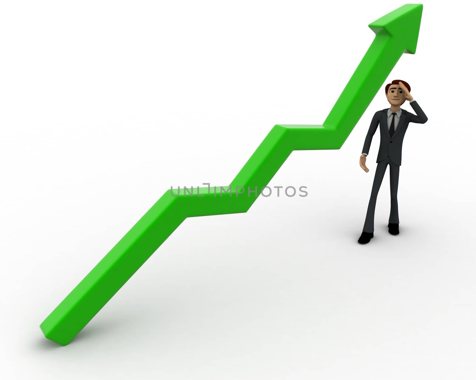 3d man worried with green arrow graph growth concept by touchmenithin@gmail.com