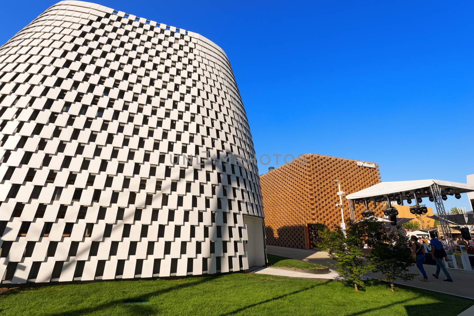 MILAN, ITALY - AUGUST 31, 2015: Intesa Sanpaolo and Poland pavilion at Expo Milano 2015, universal exposition on the theme of food, in Milan, Lombardy, Italy, Europe