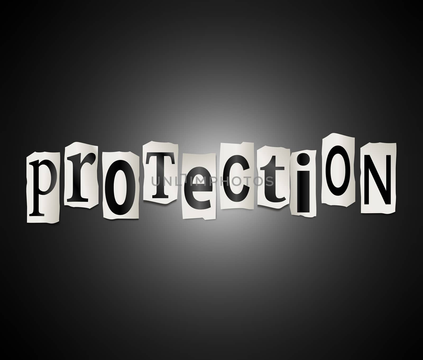 Illustration depicting a set of cut out printed letters arranged to form the word protection.