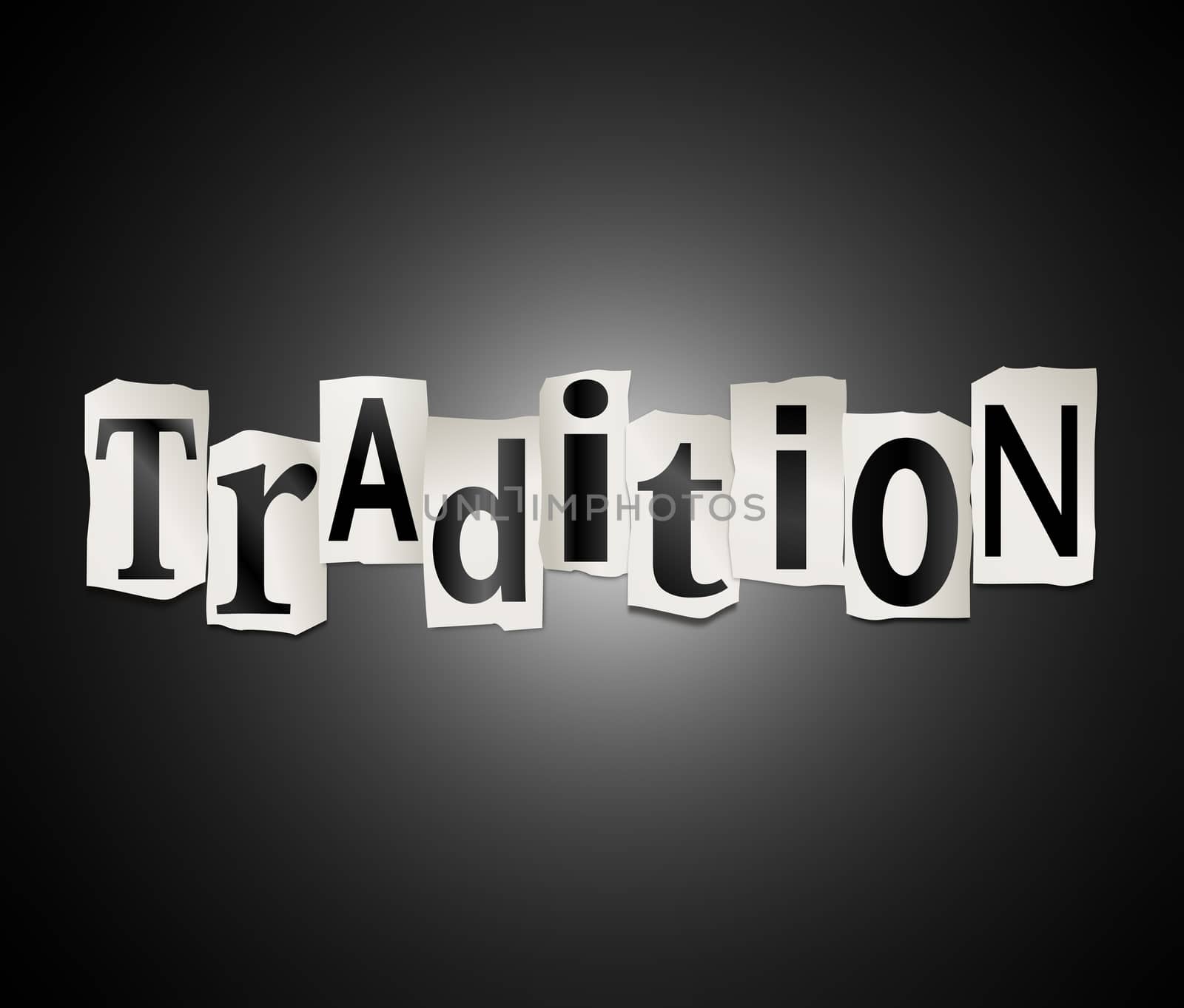 Illustration depicting a set of cut out printed letters arranged to form the word tradition.