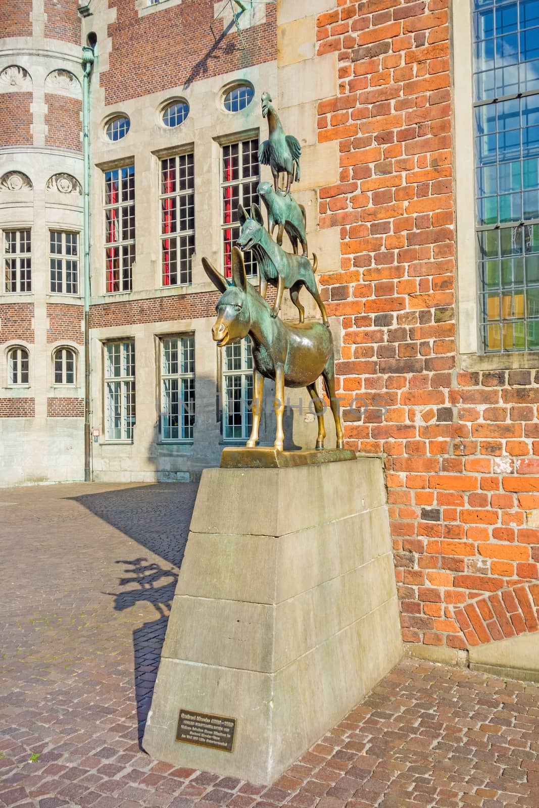 Bremen, Germany - June 6, 2014: Exterior of the statue of the Town Musicians of Bremen. Famous statue created by Gerhard Marcks in 1953.