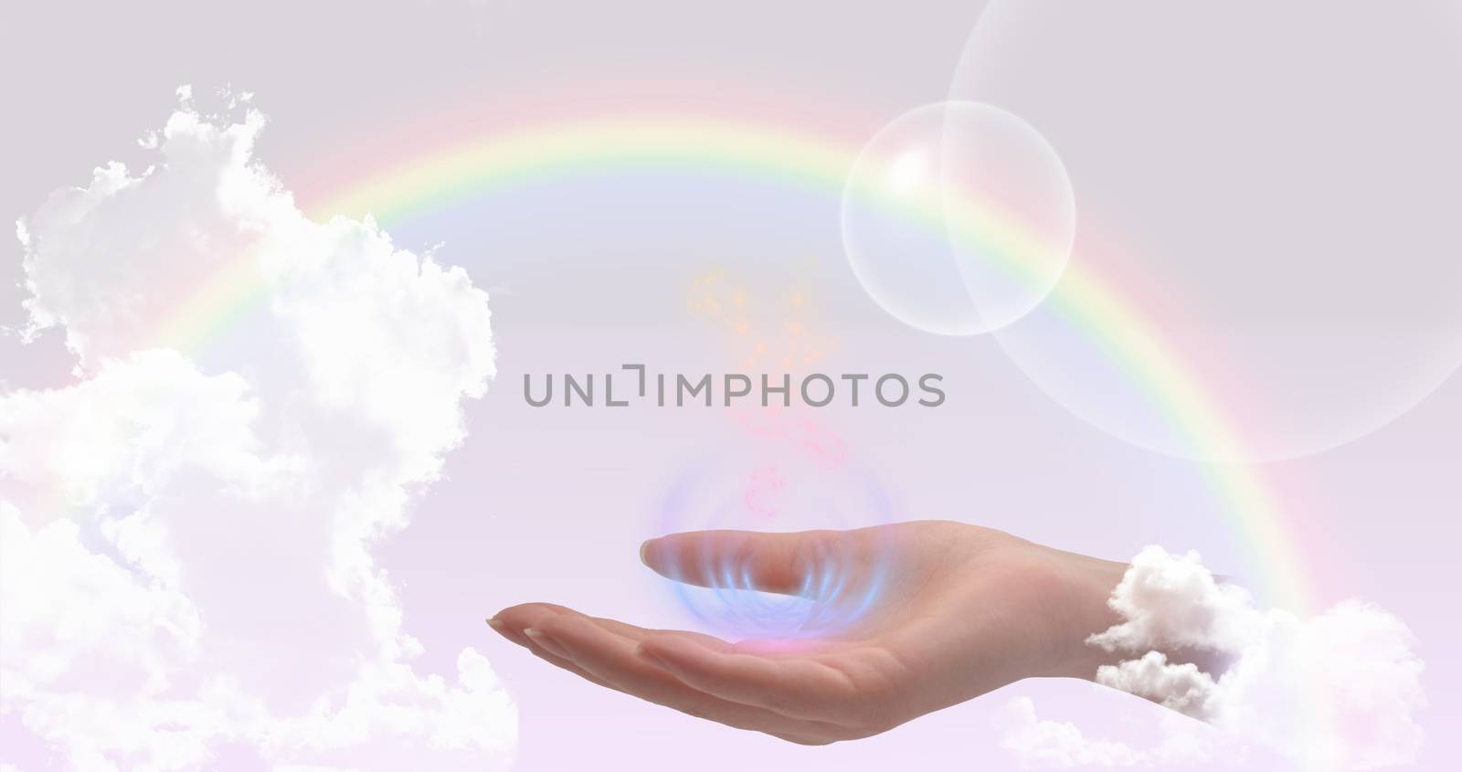 Healing hand on a sky background with rainbow