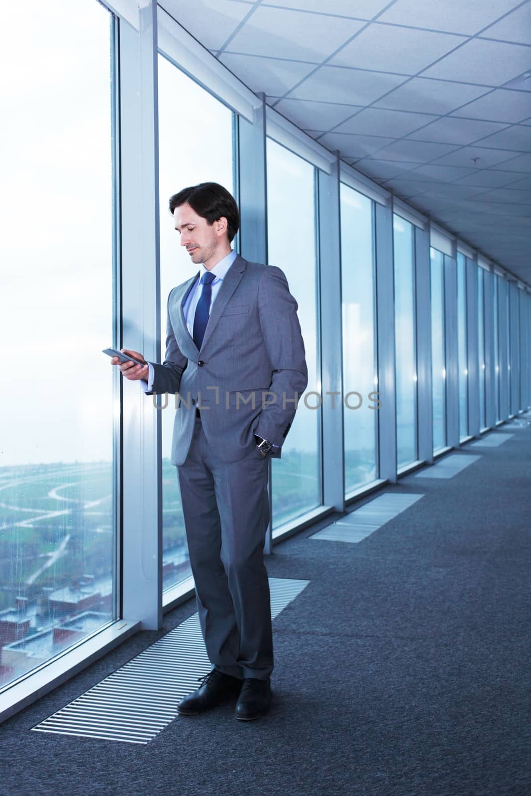 Businessman with smartphone near windows with view on city