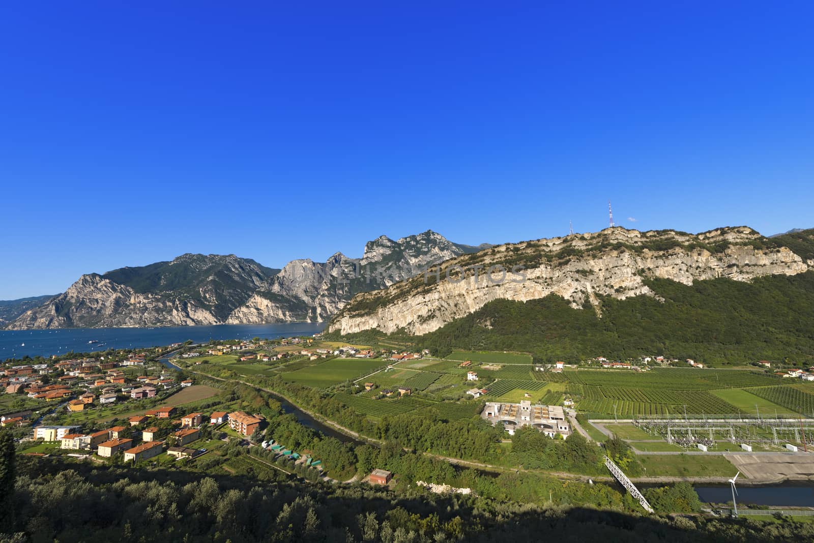 Lago di Garda (Garda Lake) of glacial origin, Sarca river and Torbole, small town in Trentino Alto Adige, Italy, Europe