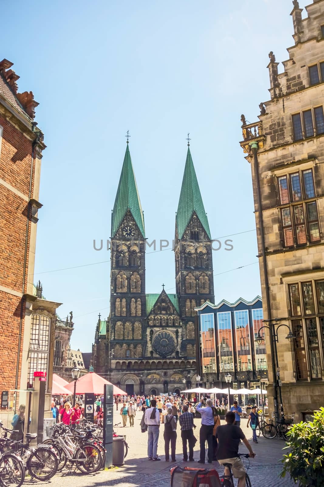 Bremen, Germany - June 7, 2014: Sankt Petri Cathedral - view from the marketplace