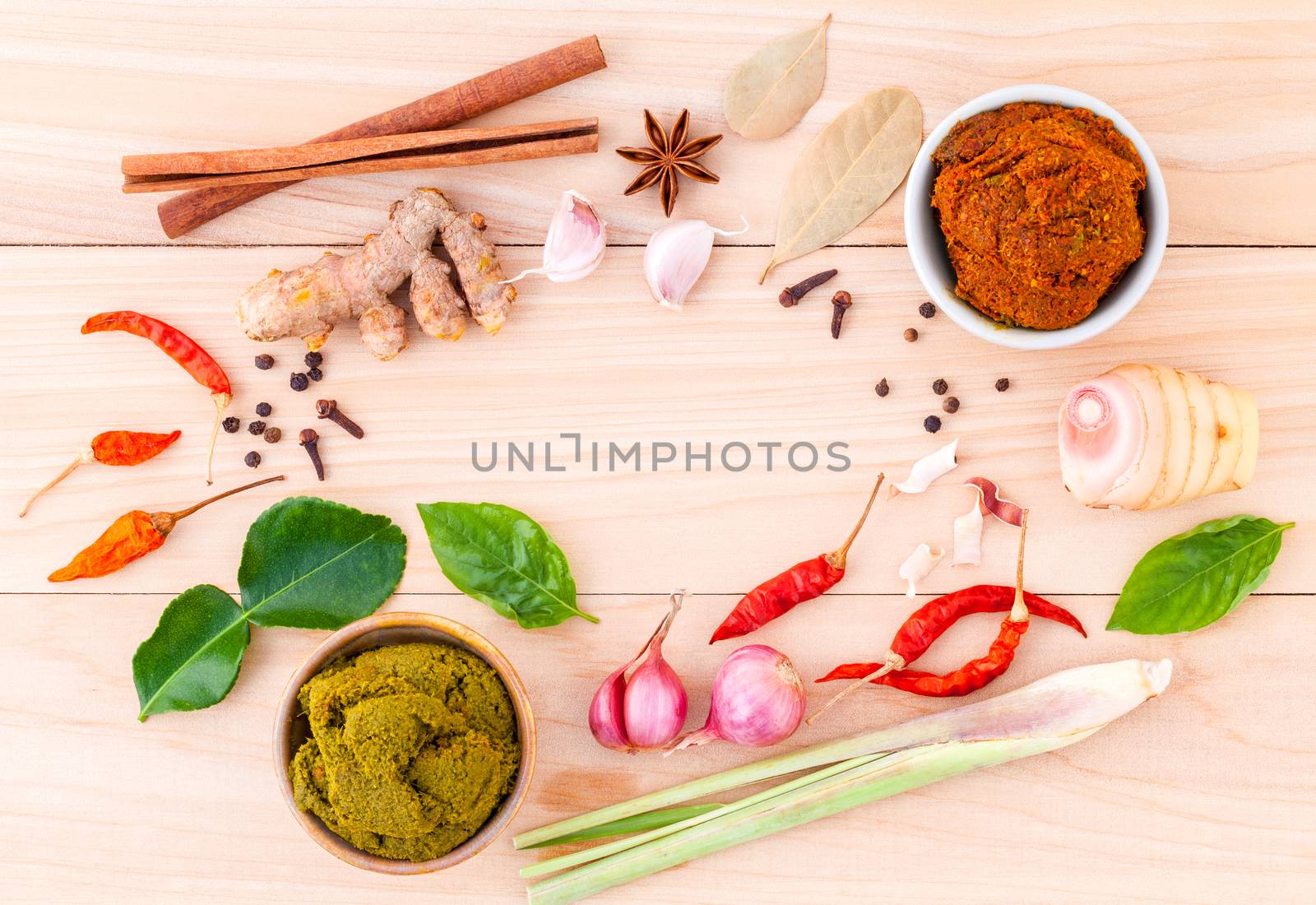 Assortment of Thai food Cooking ingredients and Paste of thai popular food red curry and green curry.