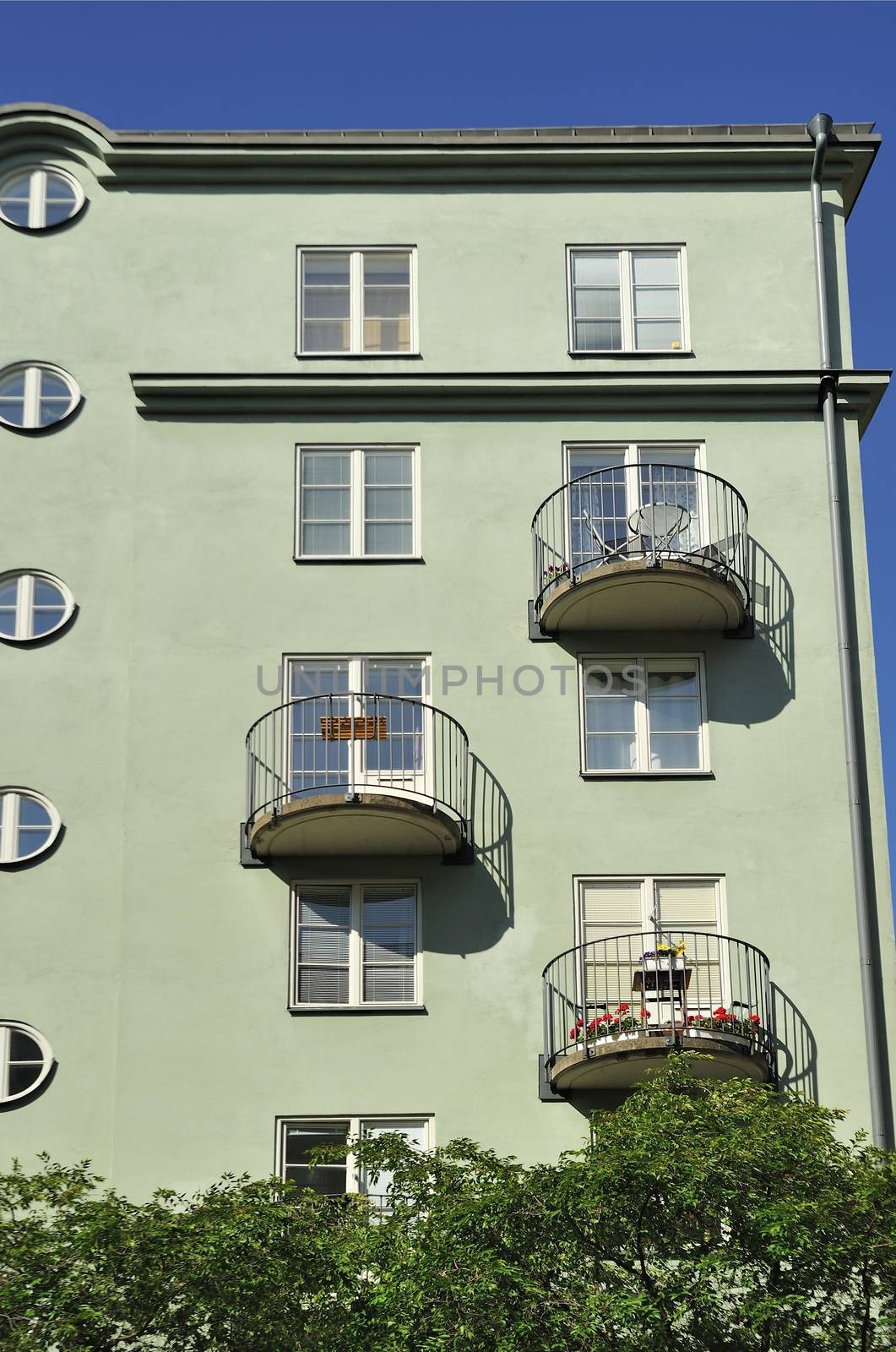 Swedish apartment Block in summer.