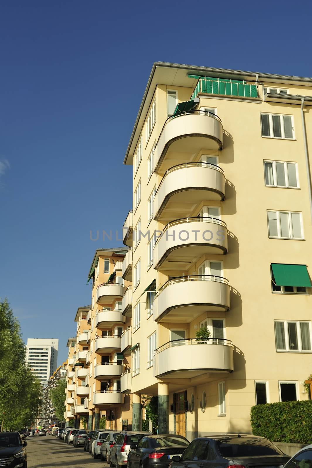 Swedish apartment Block in summer.