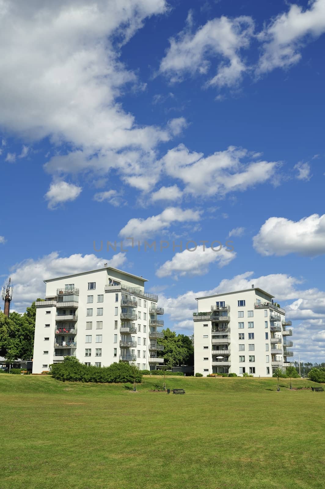 Swedish apartment Block in summer.