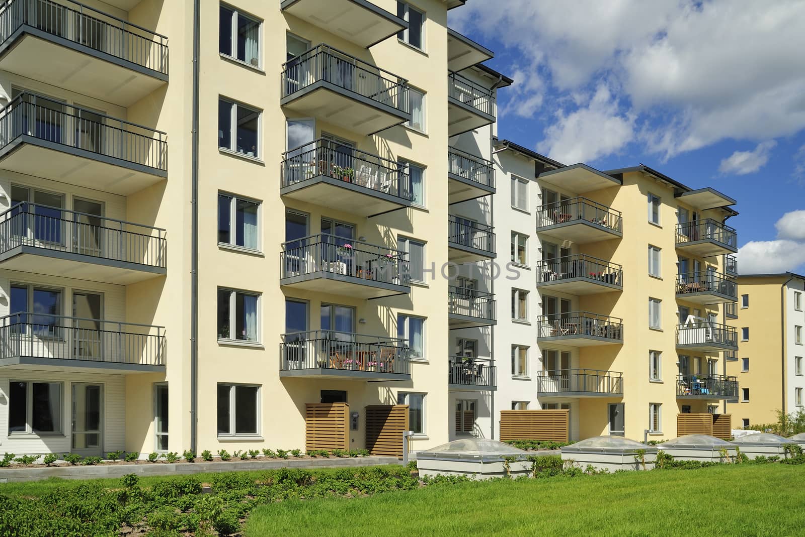 Swedish apartment Block in summer.