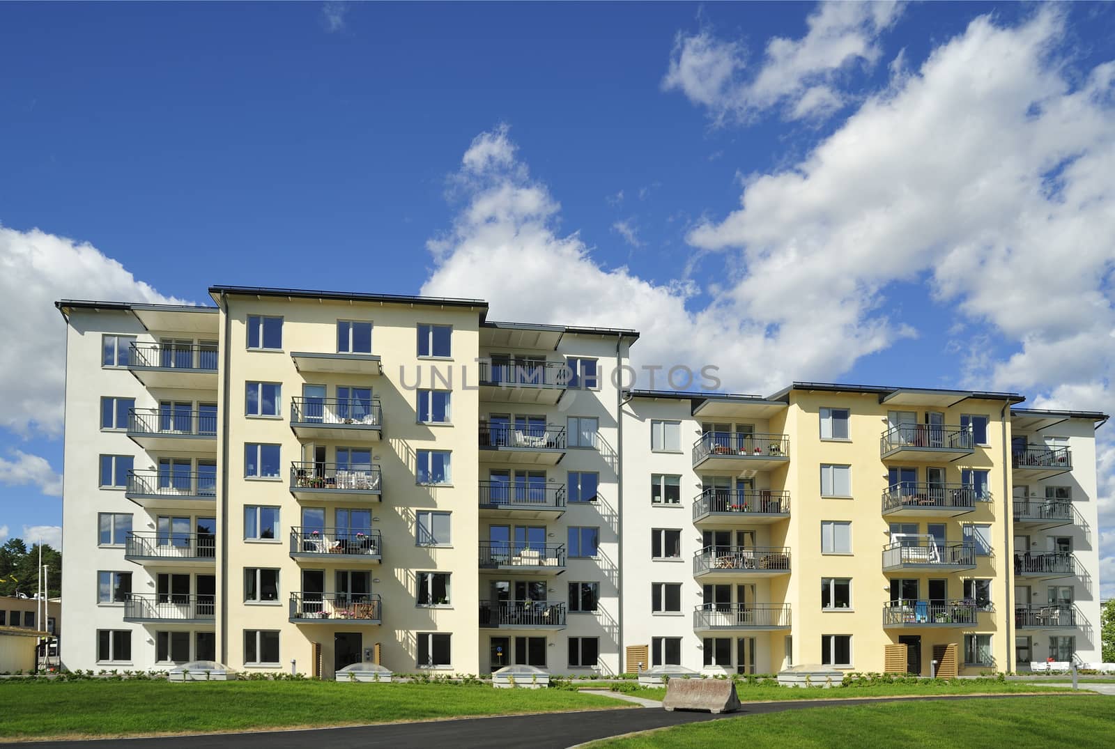 Swedish apartment Block in summer.