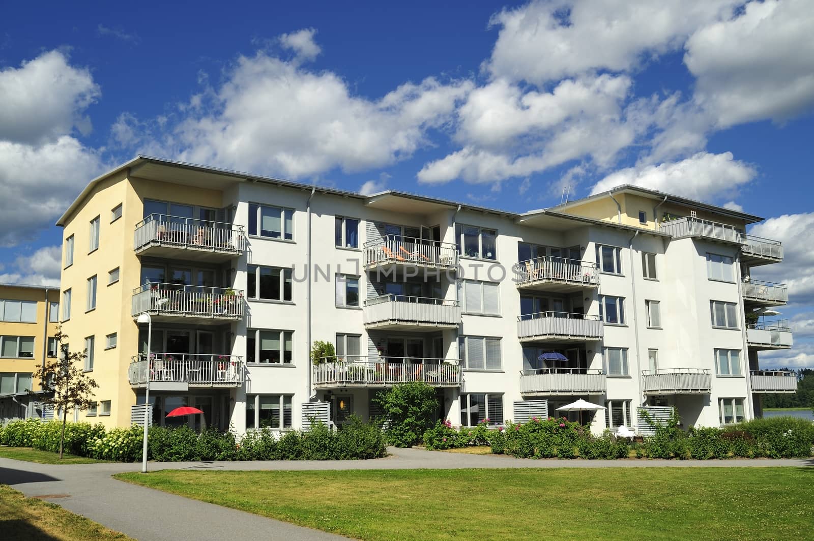 Swedish apartment Block in summer.