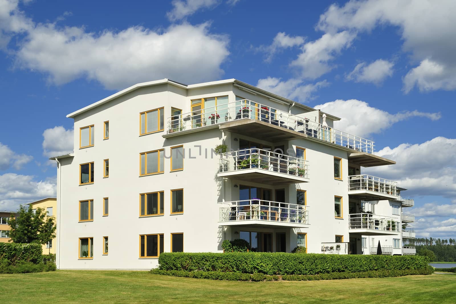 Swedish apartment Block in summer.