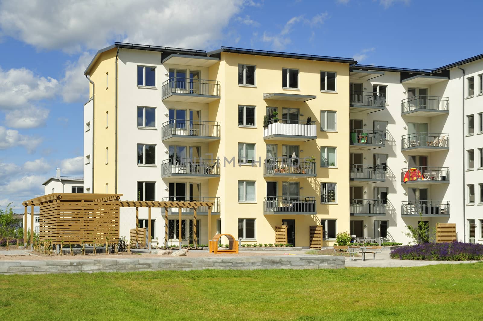 Swedish apartment Block in summer.