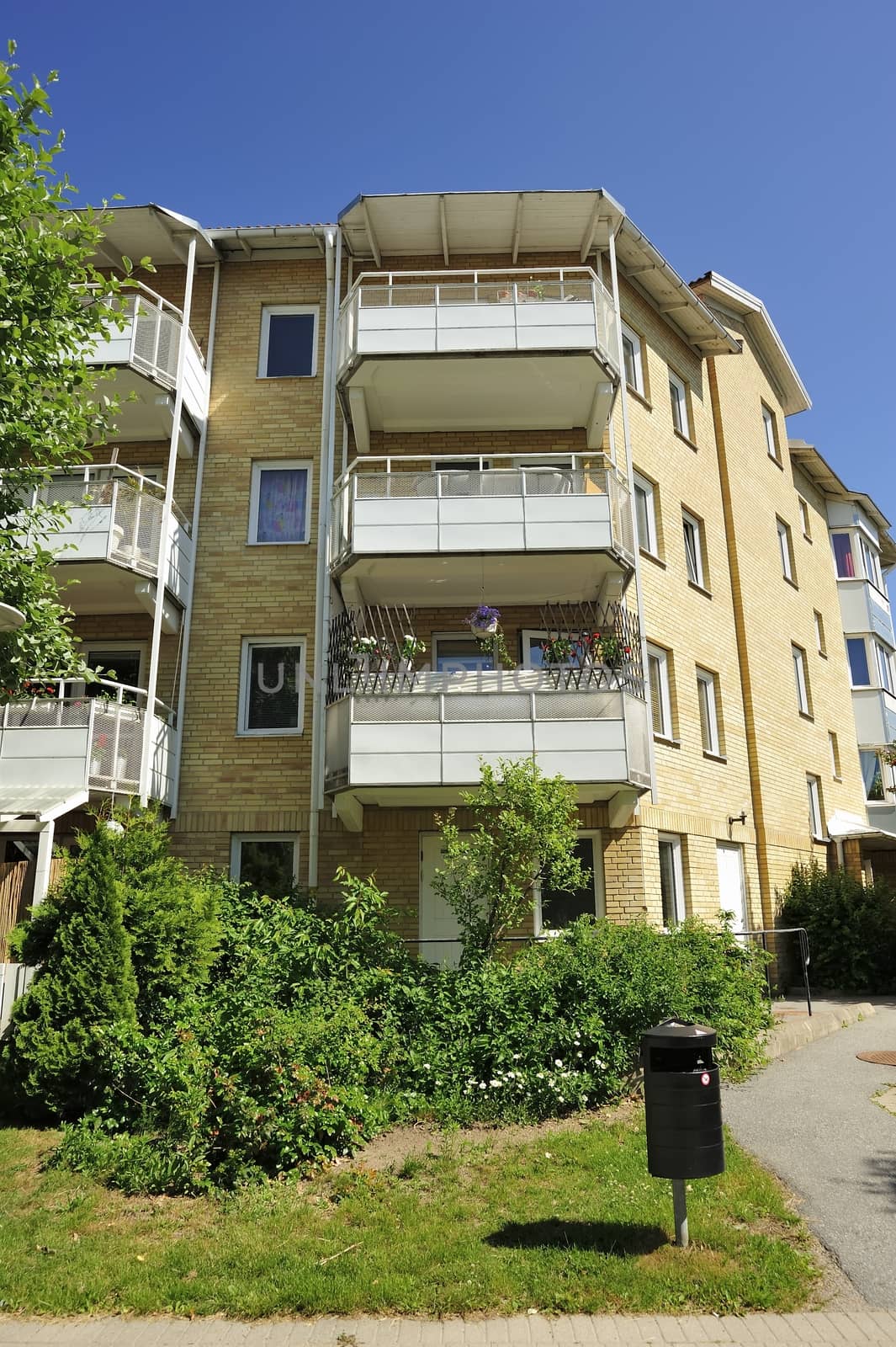 Swedish apartment Block in summer.