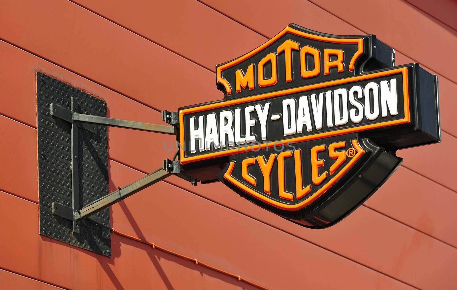 STOCKHOLM - MAY 1 2013: Harly-Davidson logo sign on showroom premises photographed on may 1th 2013 in Stockholm, Sweden.