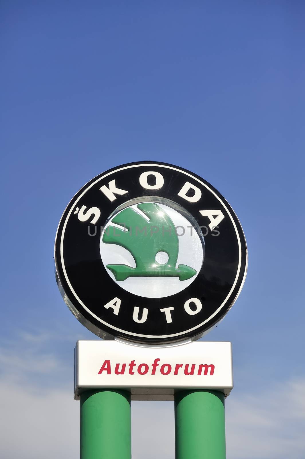 STOCKHOLM - MAY 1 2013: Skoda logo sign on showroom premises photographed on may 1th 2013 in Stockholm, Sweden.