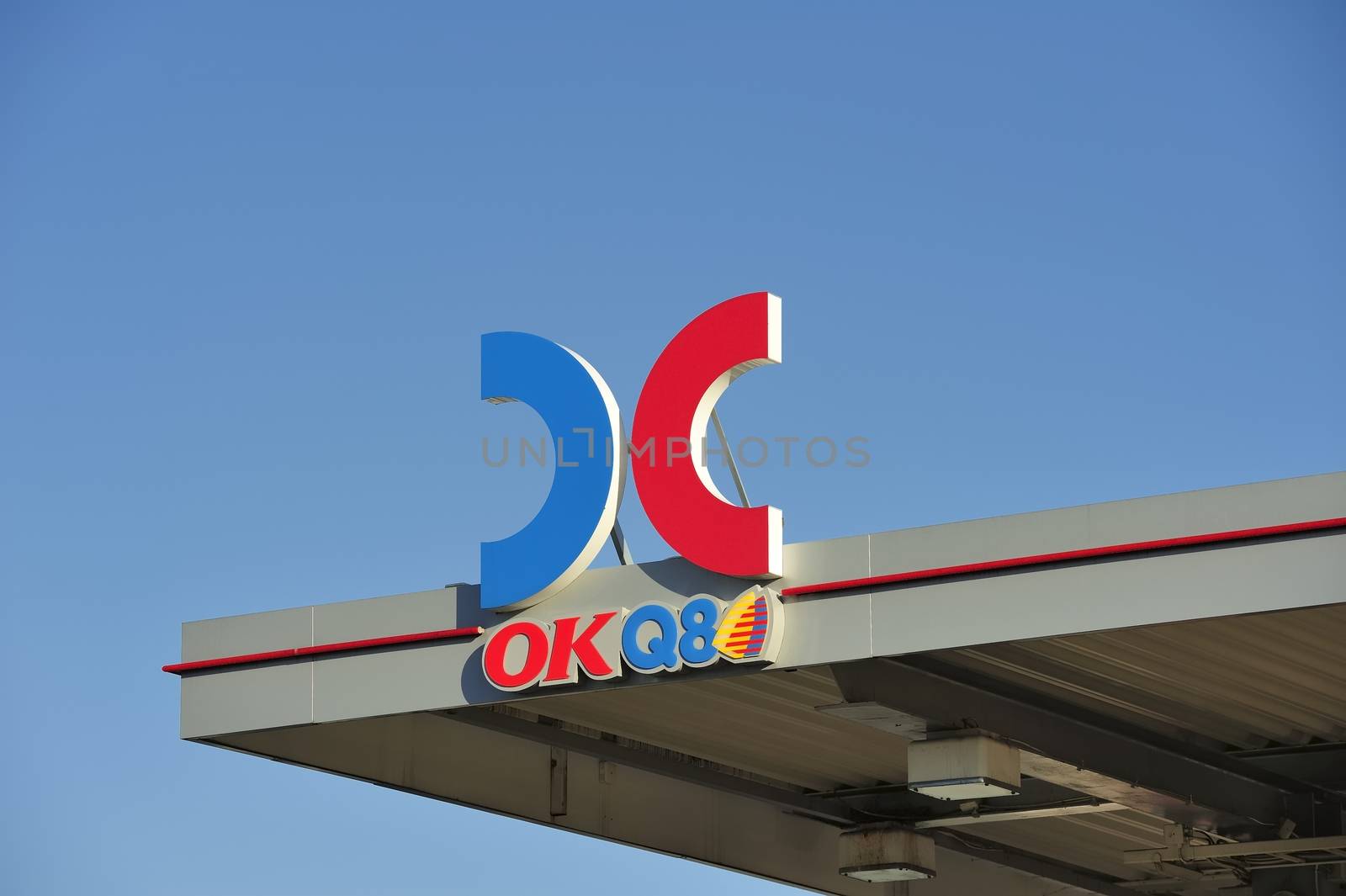 STOCKHOLM - MAY 1 2013: A OKQ8 sign on the roof of a gas station on may 1th 2013 in Stockholm, Sweden. OK-Q8 AB is a Swedish company which since 1999 operates Sweden's largest chain of gas station