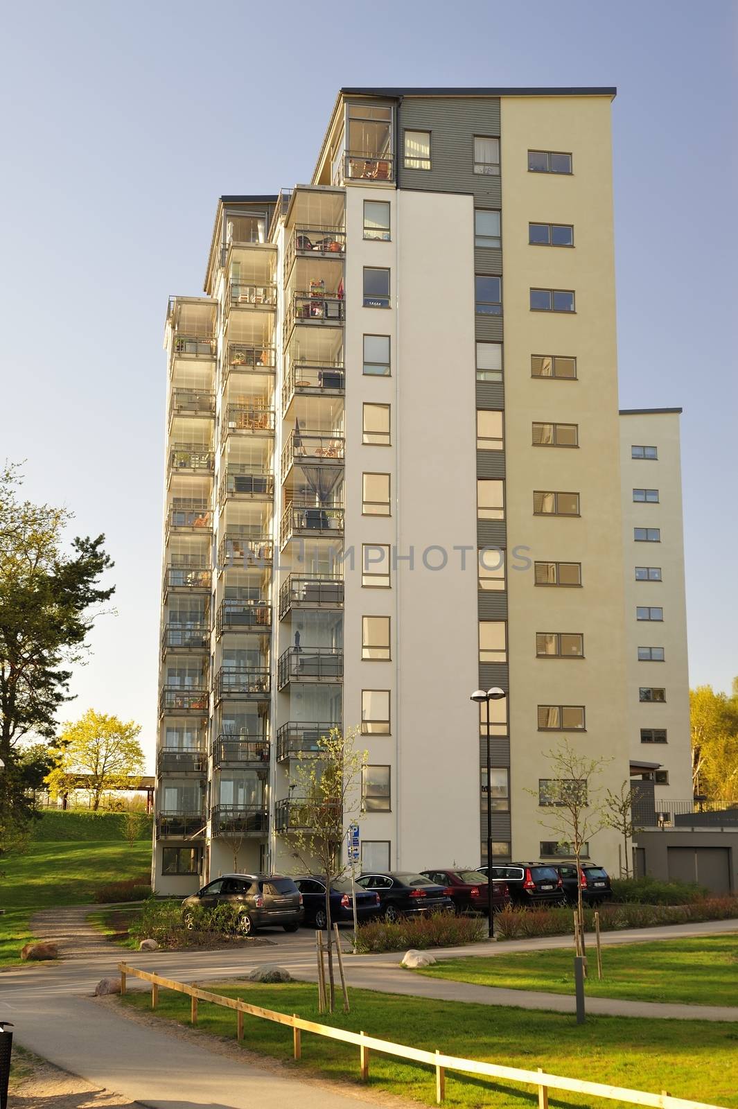 Modern apartment buildings in new neighborhood.