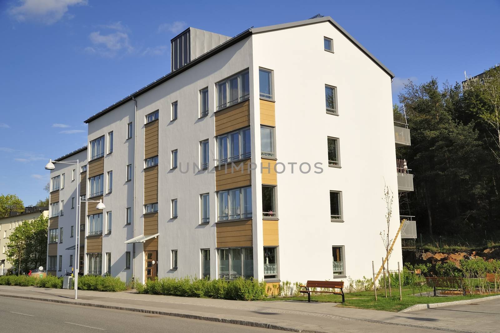 Modern apartment buildings in new neighborhood.