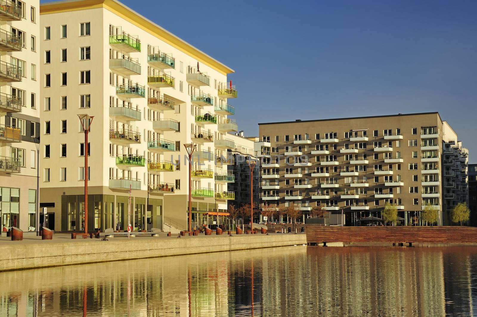 Modern apartment buildings in new neighborhood.