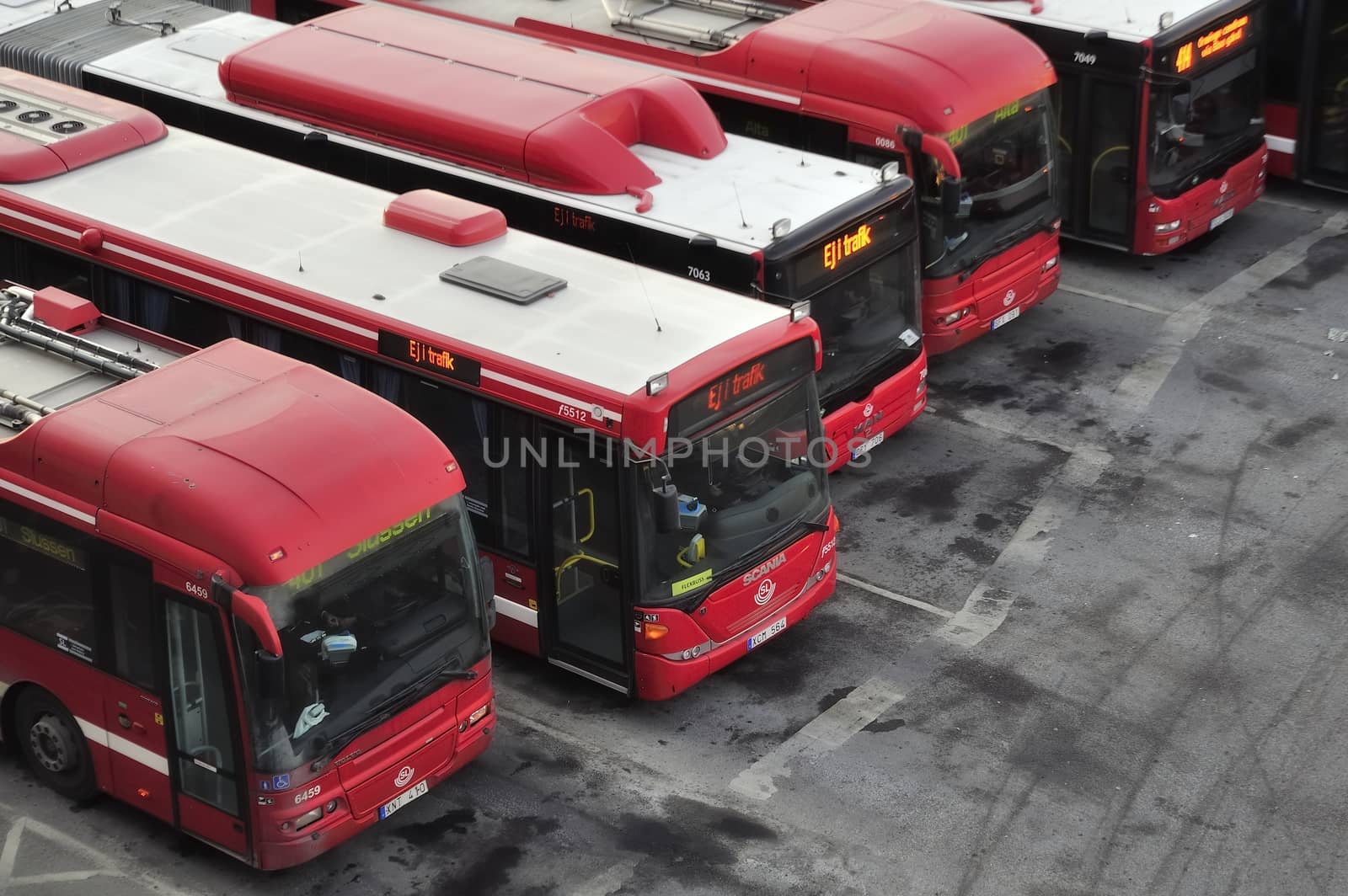 Parked buses in a row, from above