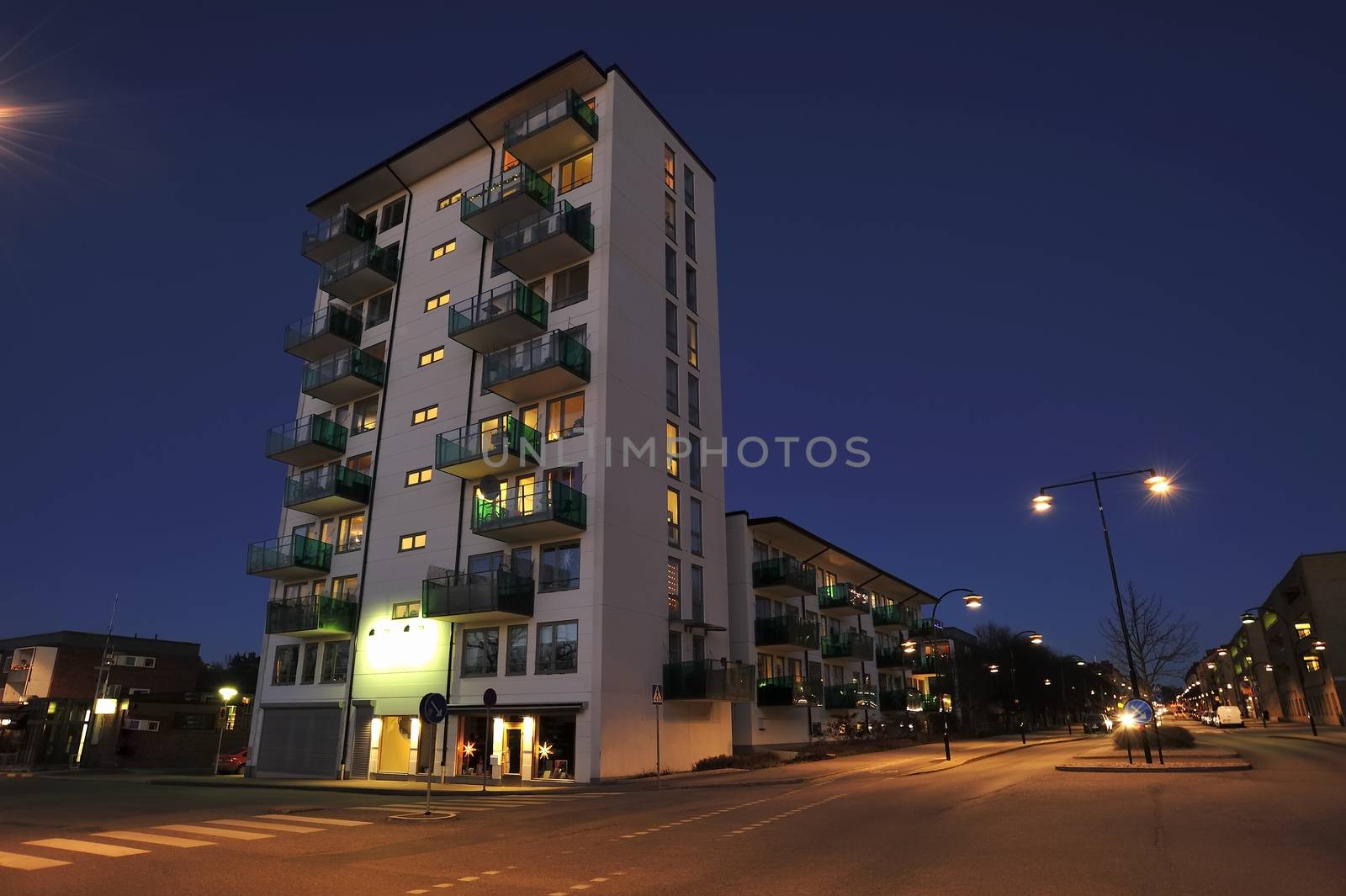 Modern apartment buildings in Stockholm neighborhood.