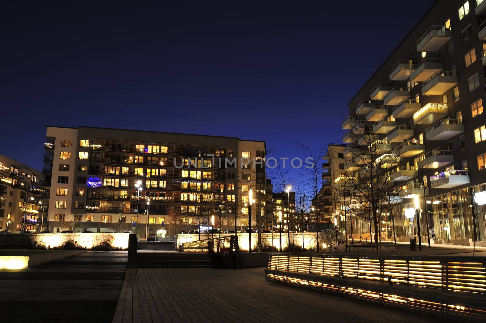 Modern apartment buildings in new neighborhood.