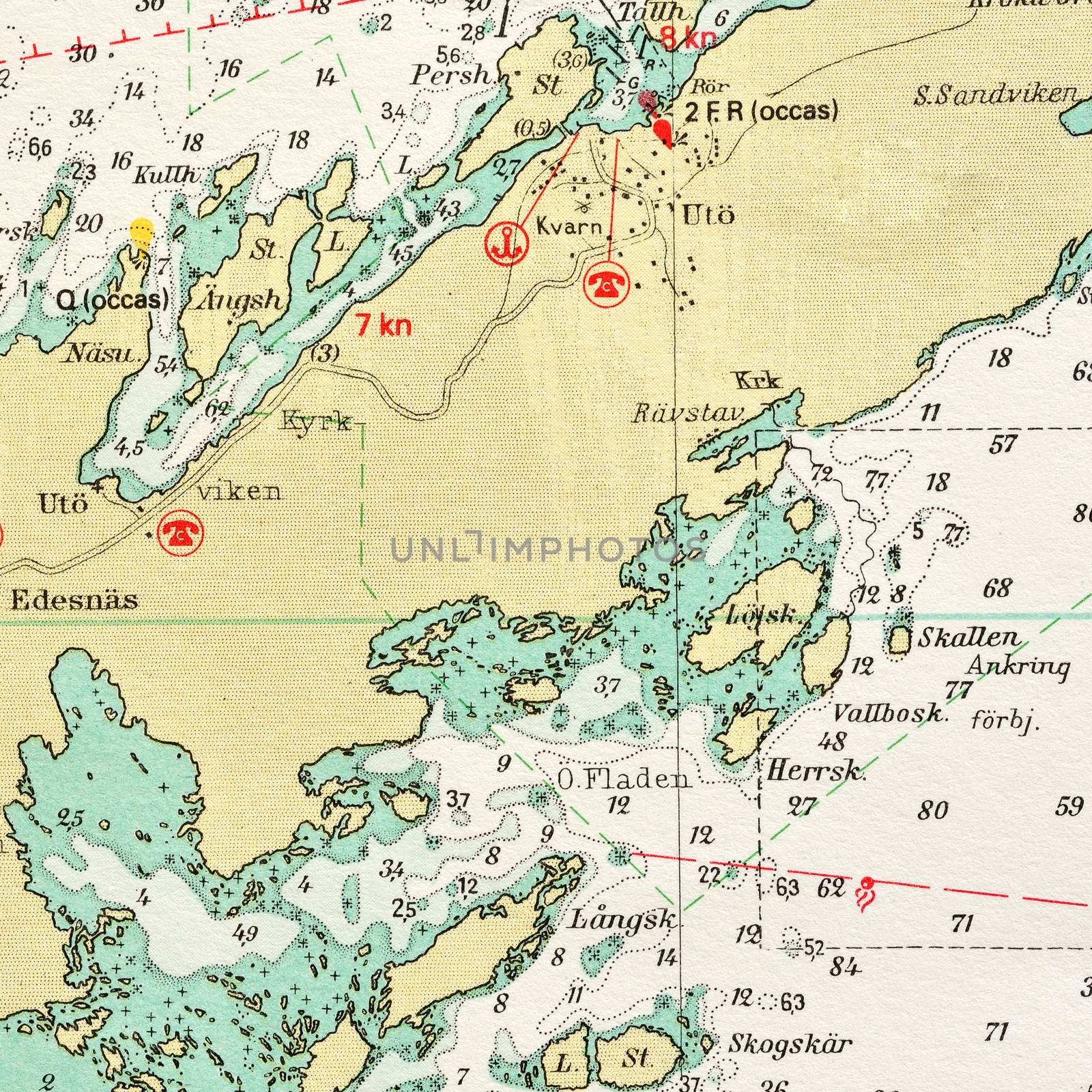 Macro shot of a old marine chart, detailing Stockholm archipelago. 

Picture is from "Batsjokort 1982-83 Serie A LANDSORT-ARHOLMA", created 2013-10-12.